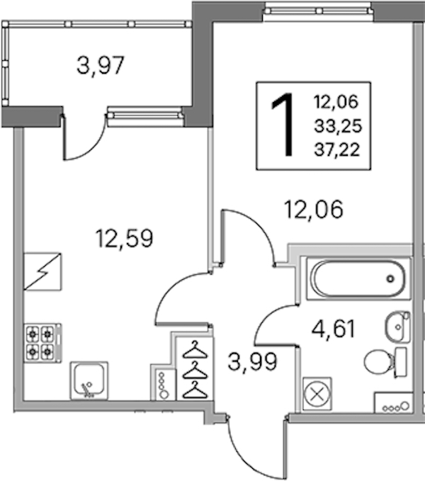 1-комнатная квартира 33.25 м², 2/5 эт., ЖК «ЮгТаун. Олимпийские кварталы»